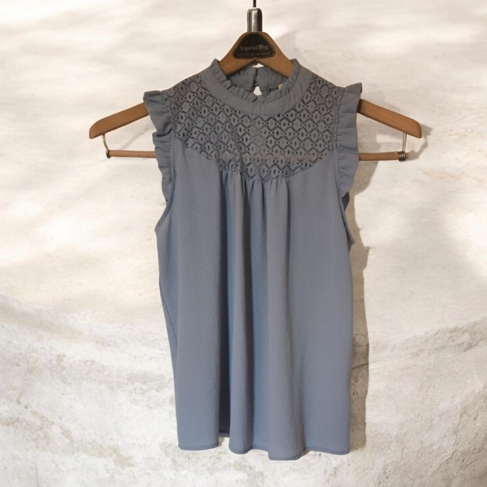 Lily White S Sleeveless Mandarin Ruffled Collar/Cap Sleeve Lace Yoke Layering Pc